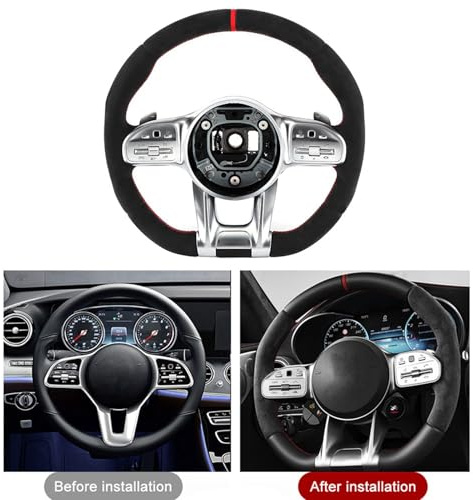 Nosqew AMG Performance Full Suede Steering Wheel Assembly Premium Racing Style Steering Wheel with Red Stitching Aluminum Paddles Perfect Grip Control for A B C E S G GLC GLE Class