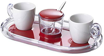Omada Design 2 Tasses à Café 9 Cl avec plateau et sucrier, respectivement en porcelaine et acrylique transparent, ligne Crystal, Rouge