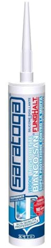 Saratoga Silicone Bianco-San FungHalt, Silicone Acetico Antimuffa per Bagno e Cucina, Sigillante per Sanitari, Super Protezione contro la Muffa, Trasparente da 310 ml