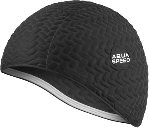 Aqua Speed Badekappe Lange Haare | Women Swimming Cap for Long Hair | Schwarze Bademütze wasserdicht | Schwimmkappe Latex | Badehaube Schwimmen | Schwimmmütze | Schwarz | Bombastic Tic-Tac