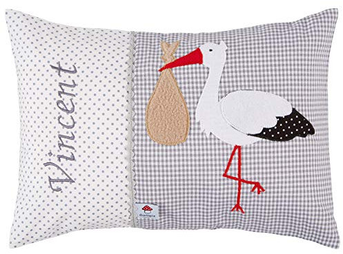 Glückspilz Namenskissen Babykissen, Storch, Grau, 25 x 35 cm