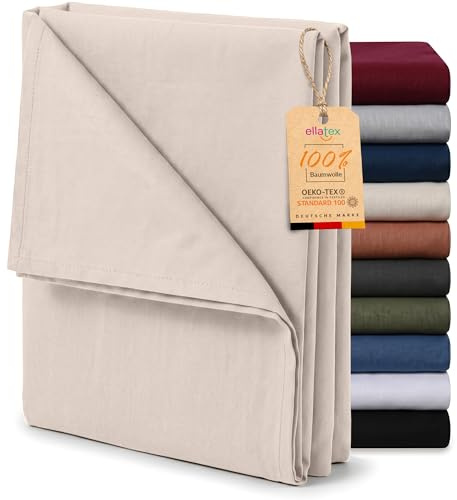 EllaTex Renforcé Bettlaken ohne Gummizug 200x220 – 100% Baumwolle, großes Betttuch & atmungsaktives Haustuch, Farbe: Creme