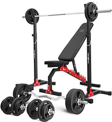 Marbo Sport - Set MH7 – verstellbare Hantelbank, 2-teiliger Langehantelständer, 1 x SZ-Curlstange, 2 x Kurzhantelstange, 1 x Langhantelstange + Gewichtsscheiben 113 insg. kg