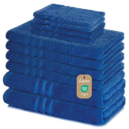 Lavea® 10-teiliges Handtuch Set Elena, Royalblau | 100% Baumwolle - 4x Handtuch, 2x Duschtuch, 2x Gästetuch, 2x Waschhandschuh, Frottee Handtücher Set weich, Bad & Gäste