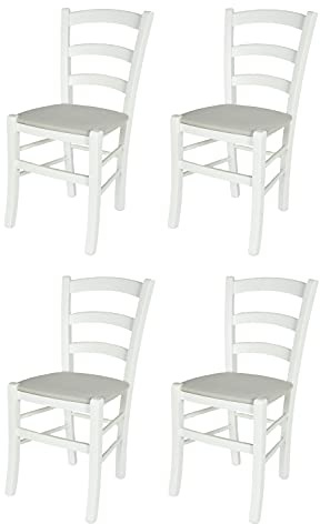 t m c s Tommychairs - 4er Set Stühle Venezia für Küche und Esszimmer, Robuste Struktur aus Buchenholz, deckend Weiss lackiert und gepolsterte Sitzfläche mit Stoff in der Farbe Auster Weiß bezogen