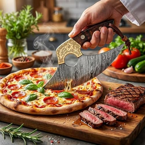 Dessi Alaskan Ulu Knife Damascus Steel Rocker Blade for Chopping Mincing Slicing, Rose Burl Wood Handle Engraved Brass Bolster, Leather Sheath & Lanyard, Kitchen Mezzaluna Cutter SM145