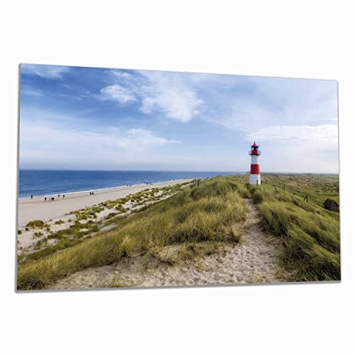 Wallario Herdabdeckplatte/Spritzschutz aus Glas, 1-teilig, 80x52cm, für Ceran- und Induktionsherde, Am Strand von Sylt Leuchtturm auf der Düne Panorama