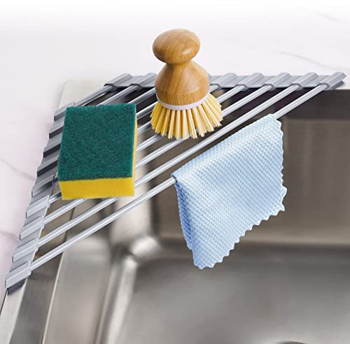 Tomorotec Triangle Roll-Up Dish Drying Rack - Small Foldable Silicone Coated for Sink Corner, Stainless Steel Over Sink Organizer, Drainer Caddy and Space Saver for Multipurpose Kitchen Storage (Gray)