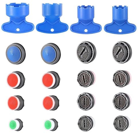 BouGPeng Lot de 16 Aérateur Mousseur de Robinet M24 M22 M18 M16 Male | avec 4 Clé Embout Economiseur d'Eau Filtre Economie Aérateur pour Robinet Lavabo de Cuisine et Salle de Bain