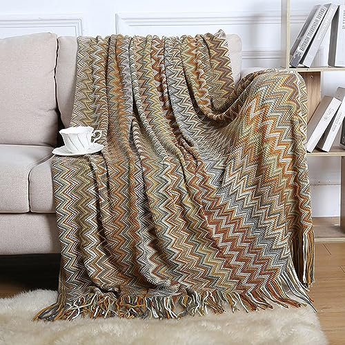 Menkala Kuscheldecke Boho Style Decke mit Fransen Strickdecke Tagesdecke Sofadecke Weich Streifen Wohndecke Couchdecke für Sofa Betten Büro Reisen Wohnzimmer Schlafzimmer Khaki 130x200 cm