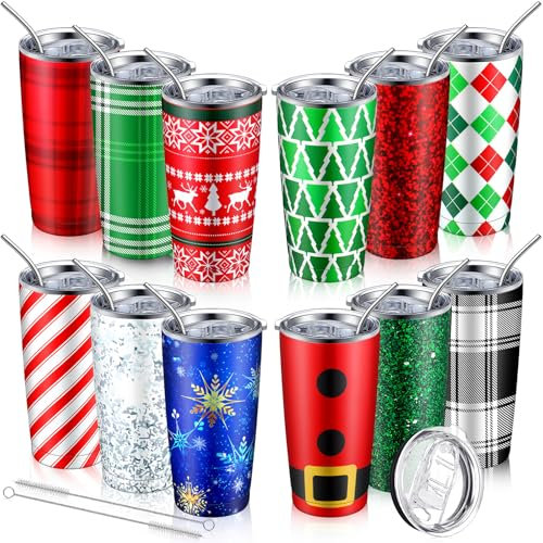 Lemosae 12 Stück Weihnachtsbecher Geschenke 590 ml Weihnachten Reise Becher Urlaub Edelstahl Isolierte Becher Kaffeetasse mit Deckel Strohhalm für Weihnachten Geburtstag Geschenk Party Supplies