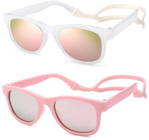 Hycredi Flexible Bendable Baby Polarized Sunglasses with Strap for Newborn Infant Boys Girls Age 0-18 Months-Jelly White/Pink Mirror + Pink/Pink Mirror
