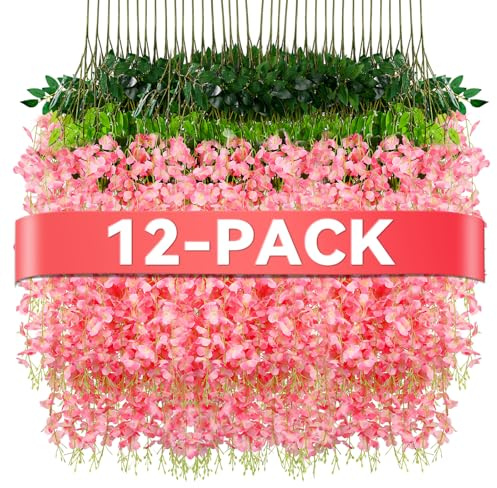 Alotiki Wisteria Hanging Flowers,12 Pack Fake Hanging Flowers,Wisteria Artificiales Garland for Home Wedding Arch Floral Party Garden Ceremony Outdoor Decor,3.6 Feet Long(12,Pink)