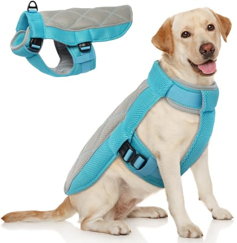 Dog Cooling Vest, Summer Dog Cooling Coat with Adjustable Neck and Tummy, Summer Cool Jacket with with Harness, Longer Coolness for Walks, Hikes, Beach Trips, Blue L