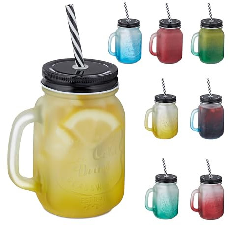Relaxdays Trinkgläser mit Deckel und Strohhalm, 8er Set, 400 ml, Frosted-Optik, Sommergläser mit Henkel, bunt/schwarz