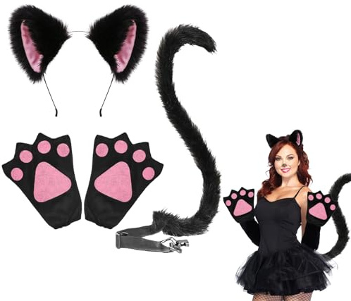 EUPSIIU 3 Stück Tier kostüm für Kinder Erwachsene, Katze Kostüm Fuchs Ohren Stirnband Fuchs Kostüm, Katzenohren Pfoten Handschuhe Katze Schwanz Tierkostüm für Party Halloween Kinder Dress Up(Schwarz)