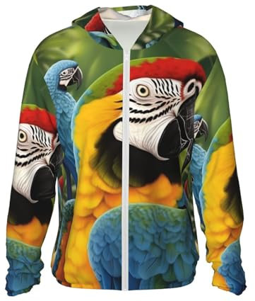 VTCTOASY Sonnenschutz-Kapuzenjacke, langärmelig, Reißverschluss, tropischer Papageien-Druck, Sonnenshirt mit Taschen, für Damen und Herren, Schwarz, XL