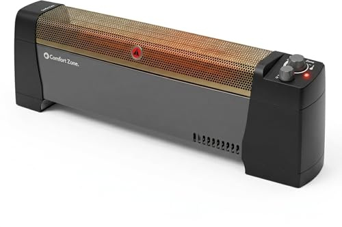 Comfort Zone 1500W Convection Baseboard Heater – Silent Portable Electric Space Heater with Adjustable Thermostat, 2 Heat Settings & Safety Tip-Over Switch – Black