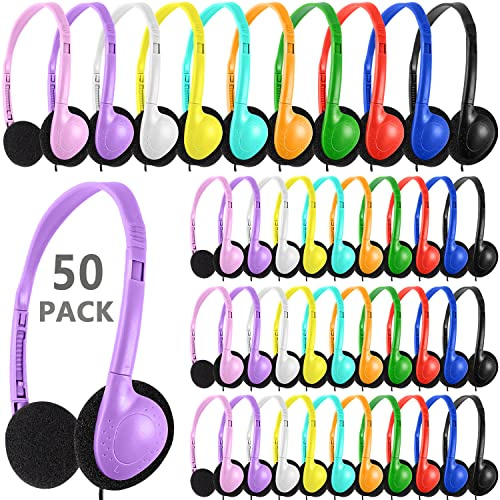 XOSDA 50 Pack Bulk Classroom Headphones for Kids Students School, Multi Color Wired Headphones with 3.5mm Jack for Children Chromebook Laptop PC Computer(LS04,50 Mixed)