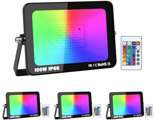 RIGIDON 4 x 100W Faretto LED RGB con Telecomando, 10000LM Proiettore RGBW | Cambio Colore, Dimmerabile, Stroboscopiche, Impermeabile Fari Led Esterno per Giardino Feste Palco Cortile, Senza Spina