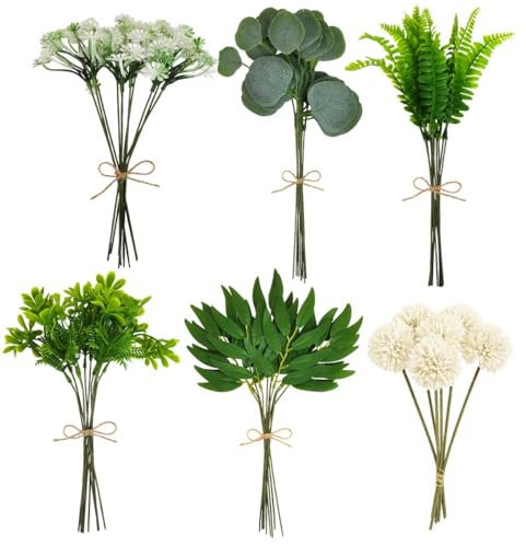 Queerelele 56 Stück Kunstblumen & Künstliche Zweige DIY Kunstblumenstrauss Kunstpflanzen Grün Blätter Gefälschte Hortensien Blumen Künstliche Zweige Deko für Brautstrauß Hochzeit DIY Blumenstrauß
