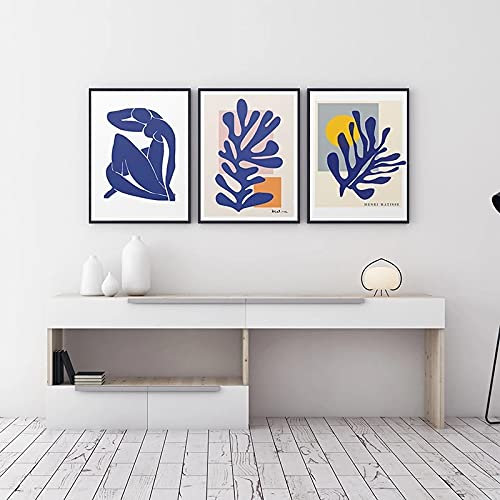 GLWDMB Französische abstrakte Wandkunst Henri Matisse blaue Poster und Leinwanddruck Gemälde Wohnzimmer ästhetische moderne Heimdekoration ungerahmt, 3 Stücke