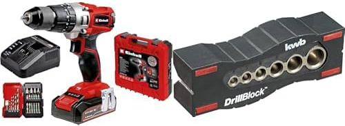Einhell Taladro percutor con batería de 2,5Ah TE-CD 18/2 Li +22 (1x2,5 Ah) PXC (18 V, 44 Nm, engranaje de 2 veloc., cargador rápido, caja de puntas de 22 piezas y maletín) + Guia de perforacion