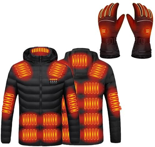 2025 Beheizbare Jacke Herren Damen mit Beheizbare Handschuhe 2-teilig, Wasserdicht Winddicht Beheizte Jacke und Beheizte Handschuhe mit 3 Stufen Temperatur Wärmende Winterjacke für Outdoor Skifahren