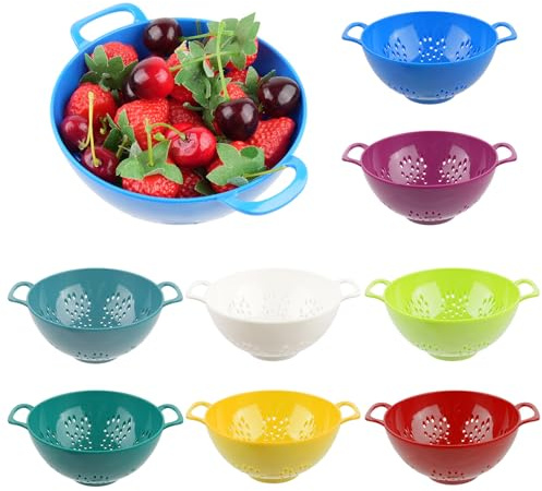 8 Pcs Mini Colander for Kitchen, Colored Plastic Strainer Small Fruit Strainer Bowl with Double Handles, Durable Berry Colanders Food Strainers for Fruits Vegetable Pasta Kitchen