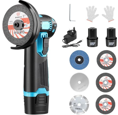 12V Mini Cordless Angle Grinder, Angle Grinder Tool with 2x2000mAh Batteries, 19500 RPM, 6 Cutting Discs, 3 in/76mm Side Disc, Grinding Machine for Cutting Polishing Sharpening