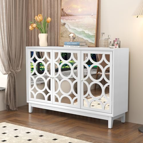 MROJISC Sideboard mit Spiegeltüren, Kommode Sideboard Wohnzimmer Schrank Aufbewahrungsschrank Küchenschrank Komodenschrank(3-türig)-Weiß