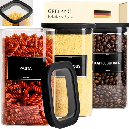 Greeano Vorratsgläser eckig mit Glasdeckel 1200ml [3er Set] | luftdicht & mottensicher | Vorratsdosen Glas | Aufbewahrungsgläser Küche für Lebensmittel, Nudeln, Mehl, Müsli, Kaffee