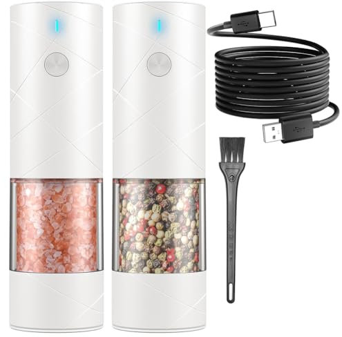 Wrtysully Electric Salt and Pepper Grinder Set USB Rechargeable, Adjustable Coarseness Automatic Salt Pepper Mill Grinder Kit