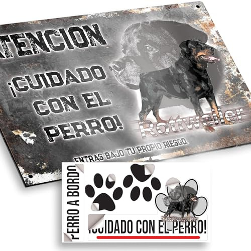 Rott Cartel de Perro Cuidado Perro 29x18cm - Diseño Vintage Dibond con Pegatina Coche 20x5cm