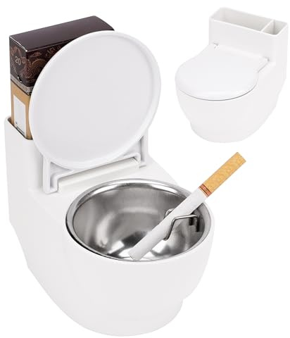 DODAMOUR Windproof Ashtray with Lid, Toilet Shaped Wall Mounted Ashtrays for Smokers, Self Adhesive Cigarettes Ash Tray for Home Bathroom Toilet (White)