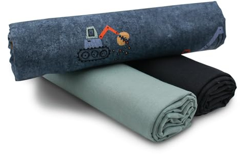 VmG-Store 1,5m Baumwollstoff Set Designstoff + 2x Uni farblich abgestimmt 100% Baumwolle Material Auswahl (Baufahrzeuge Set33)