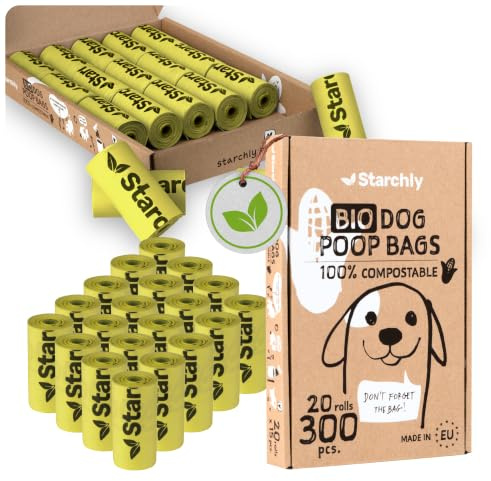 Starchly 300 Stück Hundekotbeutel biologisch abbaubar - 20 Rollen Kotbeutel für Hunde - Bio, Kompostierbare Beutel aus Maisstärke - 15 pro Rolle - Reißfest, Auslaufsicher, grün - MADE IN EU