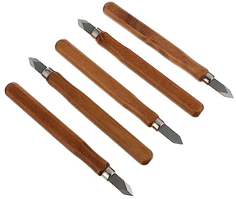 VILLFUL Set 5pezzi Coltelli per Intaglio Legno Impugnatura in Legno Marrone e Lame Affilate, Utensili per Lavori di Falegnameria e Artigianato Manuale