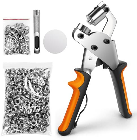 Eyelet Punch Kit, 10mm/3/8’’ Complete Eyelet, Grommet Kit with 500 Pcs Eyelets, Leather Hole Punch Plier Tarpaulin Eyelets with Non-Slip Handle, Grommet Machine Hand Press Tool for PVC, Belts, Fabric