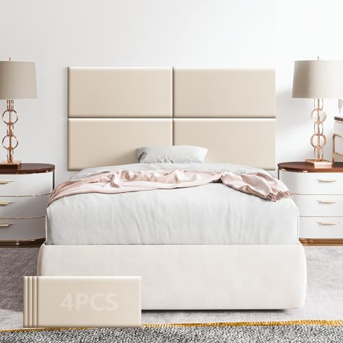 Lot de 4 panneaux muraux insonorisants 3D en similicuir beige avec tête de lit rembourrée anti-collision pour chambre à coucher, salon, chambre d'enfant - 30 x 60 cm