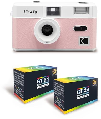 KODAK Ultra F9 - Appareil Photo Argentique Réutilisable 35mm, Objectif Fixe 31mm F/9, Flash Intégré, Chargement Facile, Rembobinage Manuel - Rose + 2 Pellicules Couleur 24 Expositions
