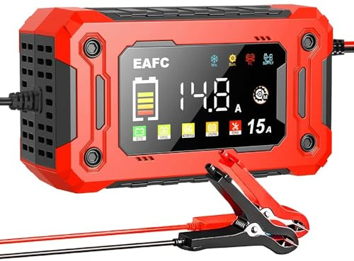 EAFCAuto Cargador de batería Inteligente para Coche de 12 V 15 A, 4Ah-300Ah, con reparación por pulsos, Arranque automático, Cargador rápido para baterías de Plomo-ácido para Motocicletas y Camiones.