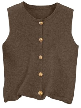 RoseSeek Women's Button Down Sweater Vest Sleeveless Crewneck Knit Outerwear Old Money Knitwear Brown Medium