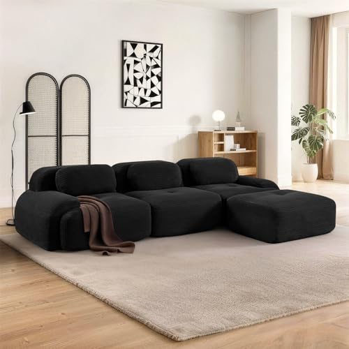 SoarFlash Sofá Moderno Modular, Tela côtelé, Asiento Profundo + reposabrazos Anchos, sin Necesidad de ensamblaje, sofá 3 plazas Tipo L, Negro