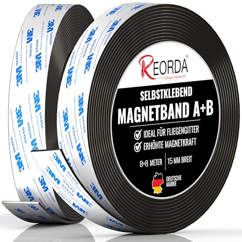 REORDA® Magnetband A B (EXTRA STARKER 3M KLEBER) 8 Meter I Selbstklebender Magnetstreifen für Fliegengitter & Moskitonetze für beste gegenseitige Anziehung - Magnetband selbstklebend