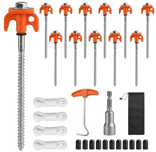 Zeltheringe 20cm Schraubheringe Camping - 12 Heringe Stahl | mit Gewinde Heringe Erdnägel Stabil, Herauszieher, Tragetasche bietet, 4 * 3m Seil, Sturmsicher für Camping Picknick, Zelt