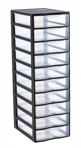 SUNDIS Orgamix, schubladenbox aus Kunststoff, 10 transparente Schubladen im A4-Papierformat, Höhe 81,5 cm, ideal zur Aufbewahrung von Büchern, Kursen, Dokumenten, Zubehör, Accessoires | Höhe 81,5 cm, ideal zur Aufbewahrung von Büchern, Kursen, Dokumenten, Zubehör, Accessoires