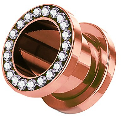 Piercingfaktor Flesh Tunnel Schraub Plug Ohr Piercing Edelstahl Titan mit Schraubverschluss Zirkonia Kristallen Steinen 6 mm Rosegold Rose Gold