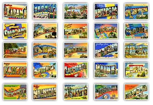 GREETINGS FROM 50 American states vintage reprints postcard set (ca. 1930-1940's). Large letter name postcards of each U.S. state. Post card variety pack. Made in USA.