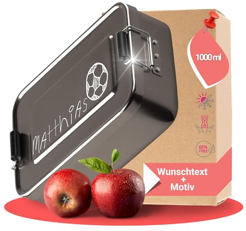 Fiambrera personalizada con nombre de aluminio, sin BPA, con grabado para guardería, escuela y excursiones (17 x 12 x 5 cm, fútbol antracita)